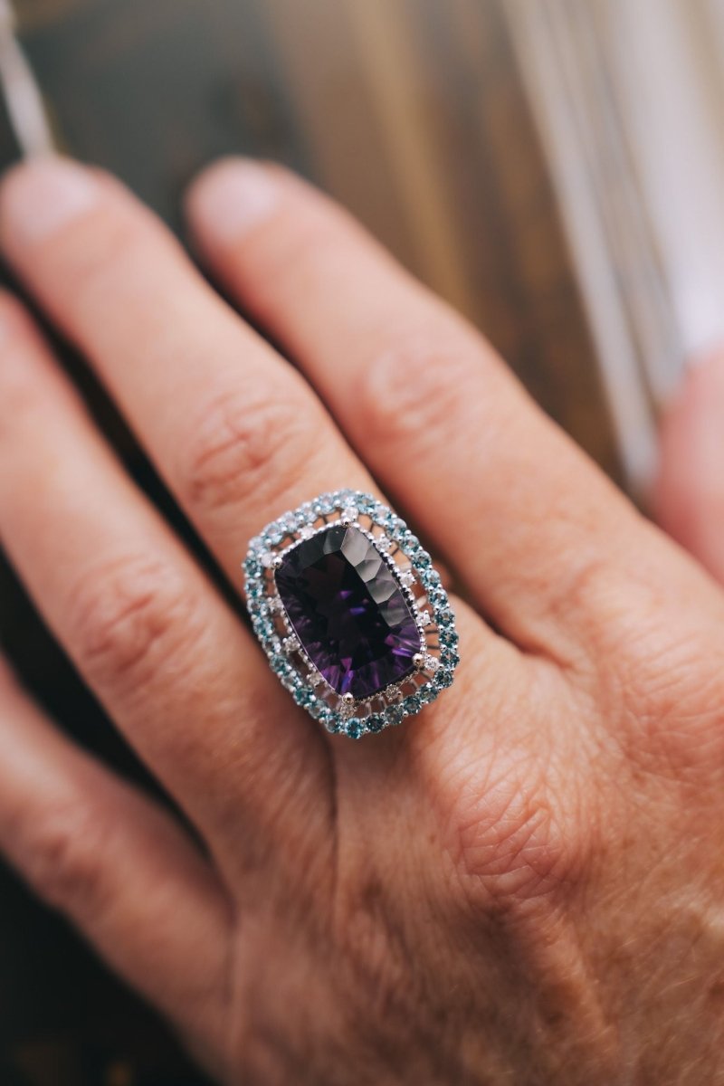 14k White Gold, 7ct Amethyst Surrounded by Blue Topaz and Diamonds RingZiabirdRINGS