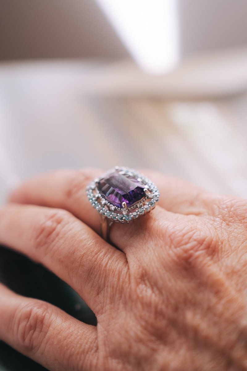 14k White Gold, 7ct Amethyst Surrounded by Blue Topaz and Diamonds RingZiabirdRINGS