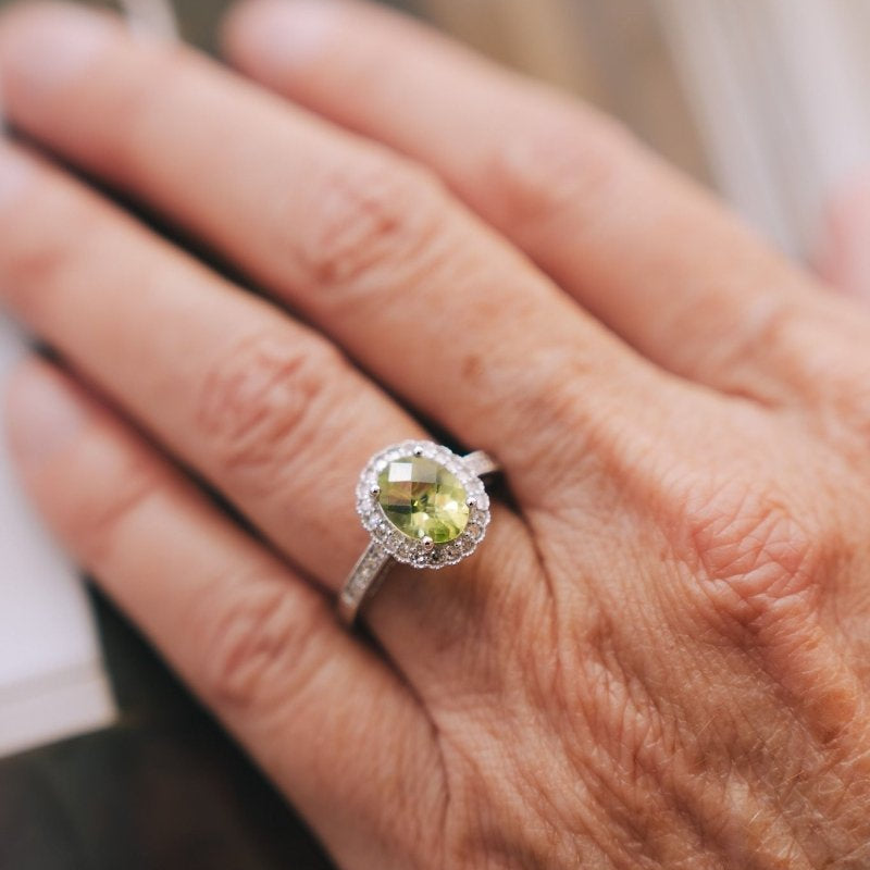 14k White Gold and Oval Peridot Accented with Diamonds RingZiabirdRINGS