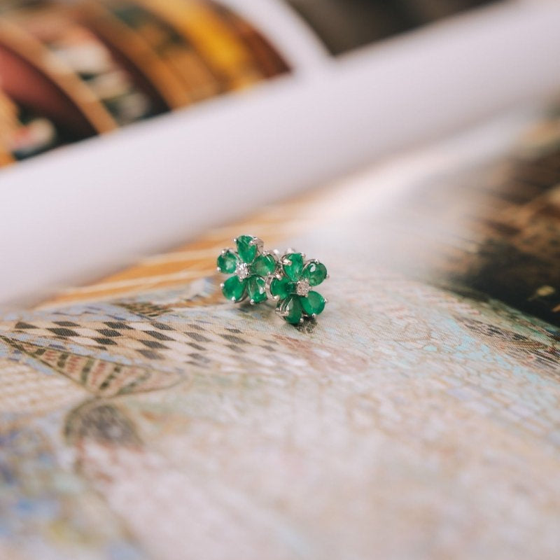 14K White Gold & Emerald and Diamond Flower EarringsZPL - Fine LineEARRINGS