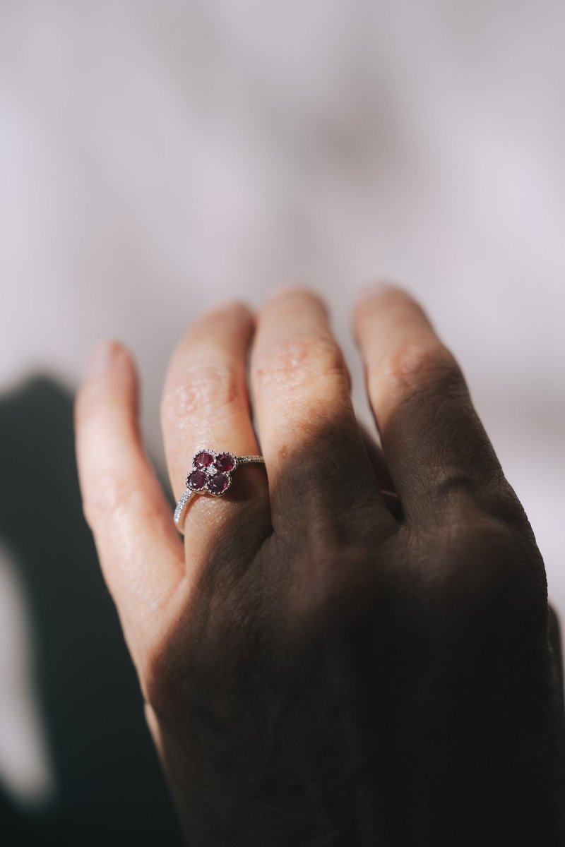 14k White Gold, Ruby Flower and Diamond RingZiabirdRINGS