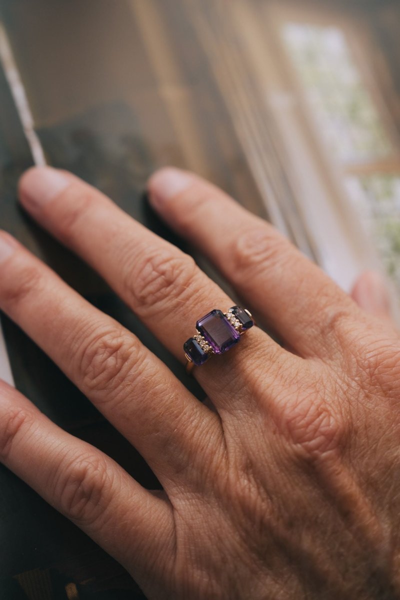 14k Yellow Gold and Triple Emerald Cut Amethysts Accented with Diamonds RingZiabirdRINGS