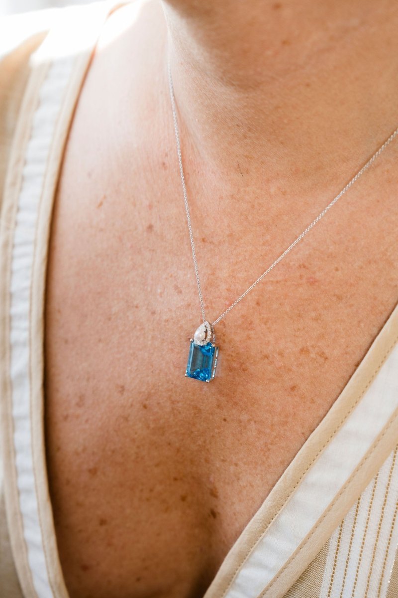 18K White Gold and Emerald Cut Blue Topaz with Teardrop Pearl and Diamonds NecklaceZiabirdNECKLACES