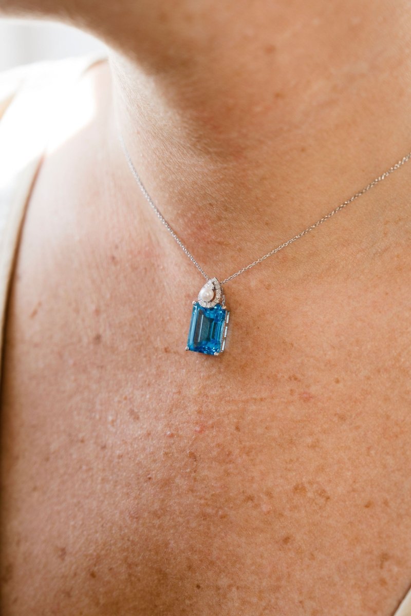 18K White Gold and Emerald Cut Blue Topaz with Teardrop Pearl and Diamonds NecklaceZiabirdNECKLACES