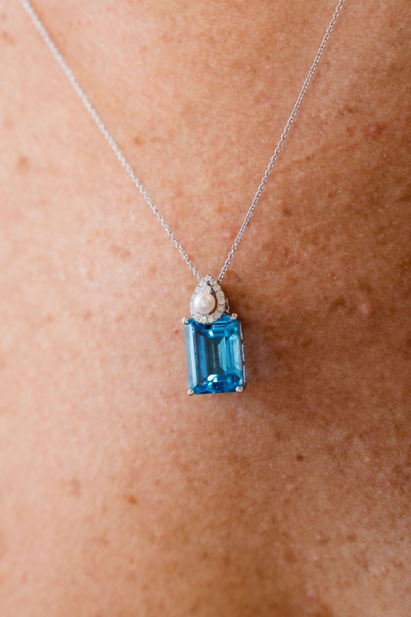 18K White Gold and Emerald Cut Blue Topaz with Teardrop Pearl and Diamonds NecklaceZiabirdNECKLACES