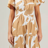 Abstract Cotton Poplin Tiered Maxi Dress: Camel and White