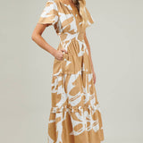 Abstract Cotton Poplin Tiered Maxi Dress: Camel and White