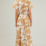 Abstract Cotton Poplin Tiered Maxi Dress: Camel and White