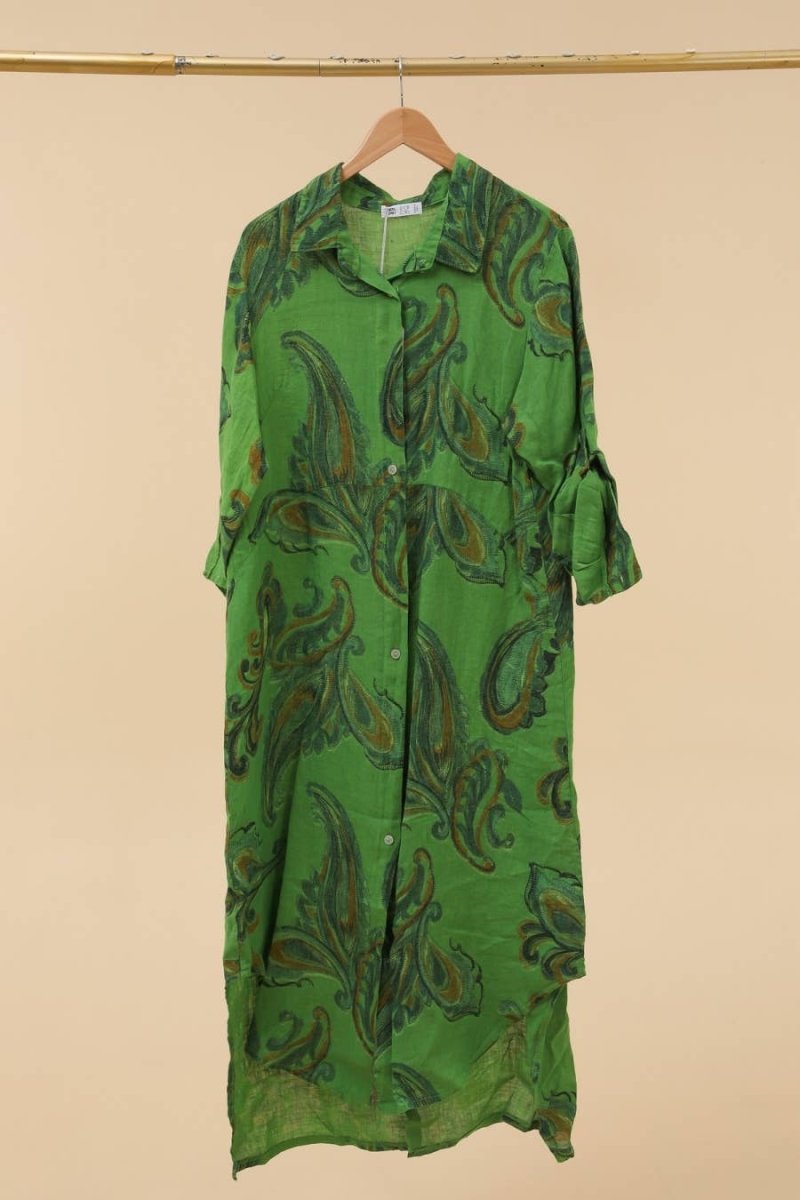 Apple Green Linen Shirt Dress with Paisley Motifla maison des fibres naturellesDRESS