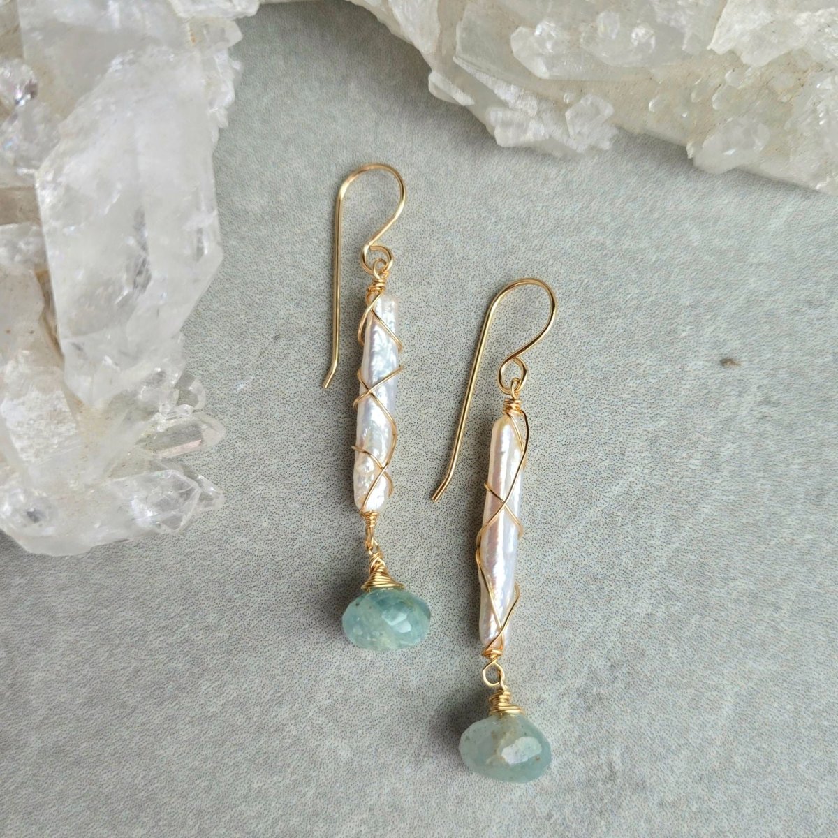 Biwa Pearl & Aqua Marine Drops #1557James & JezebelleEARRINGS