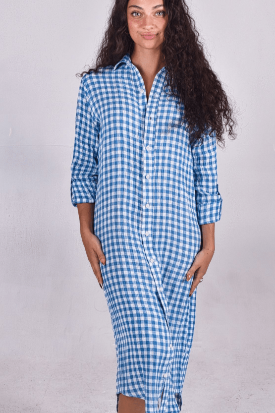 Blue Crinkle Check Linen Midi Dress by Emily Phillips - PRE SALEEmily PhillipsDRESS