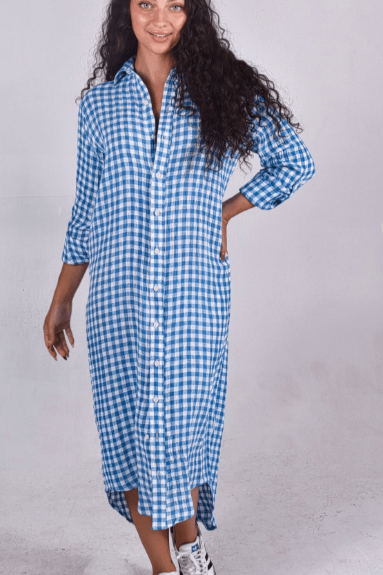 Blue Crinkle Check Linen Midi Dress by Emily Phillips - PRE SALEEmily PhillipsDRESS