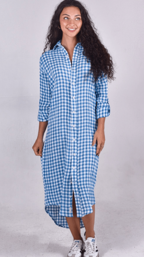 Blue Crinkle Check Linen Midi Dress by Emily Phillips - PRE SALEEmily PhillipsDRESS