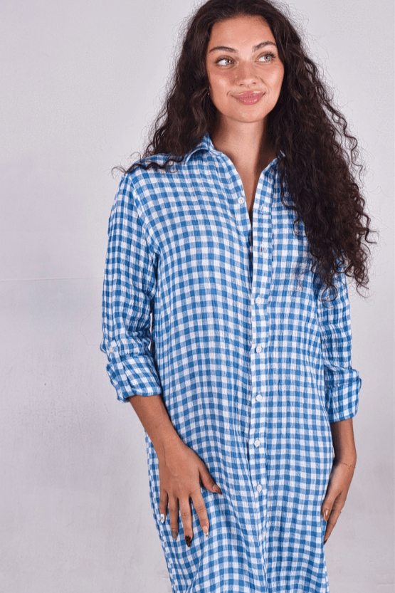 Blue Crinkle Check Linen Midi Dress by Emily Phillips - PRE SALEEmily PhillipsDRESS