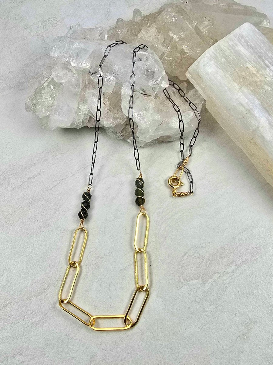 Blue Tourmaline Mix Gold & Oxidized Chain #8110James & JezebelleNECKLACES