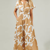 Abstract Cotton Poplin Tiered Maxi Dress: Camel and White