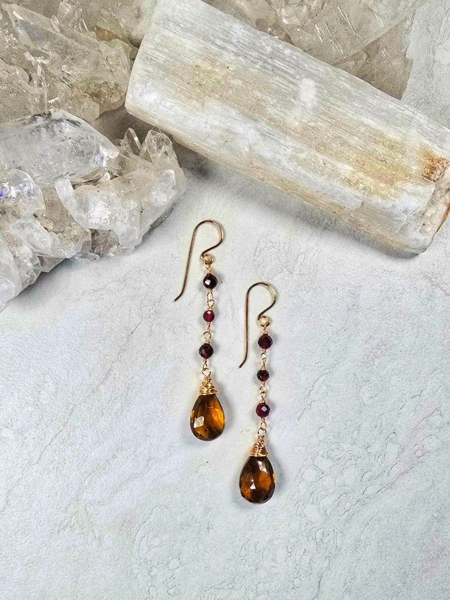 Champagne Quartz & Garnet Drop Gold #1530James & JezebelleEARRINGS