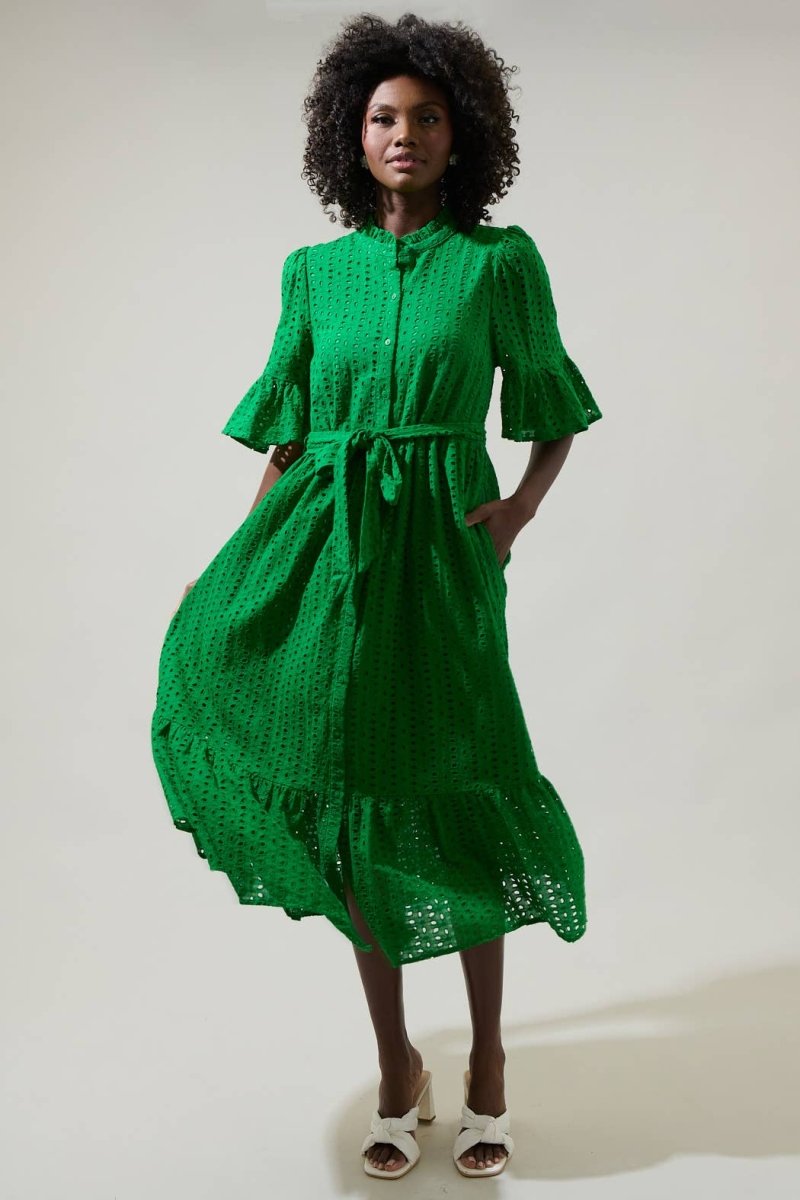 Eyelet Button Down Midi Dress: Kelly - GreenSugarlipsDRESS