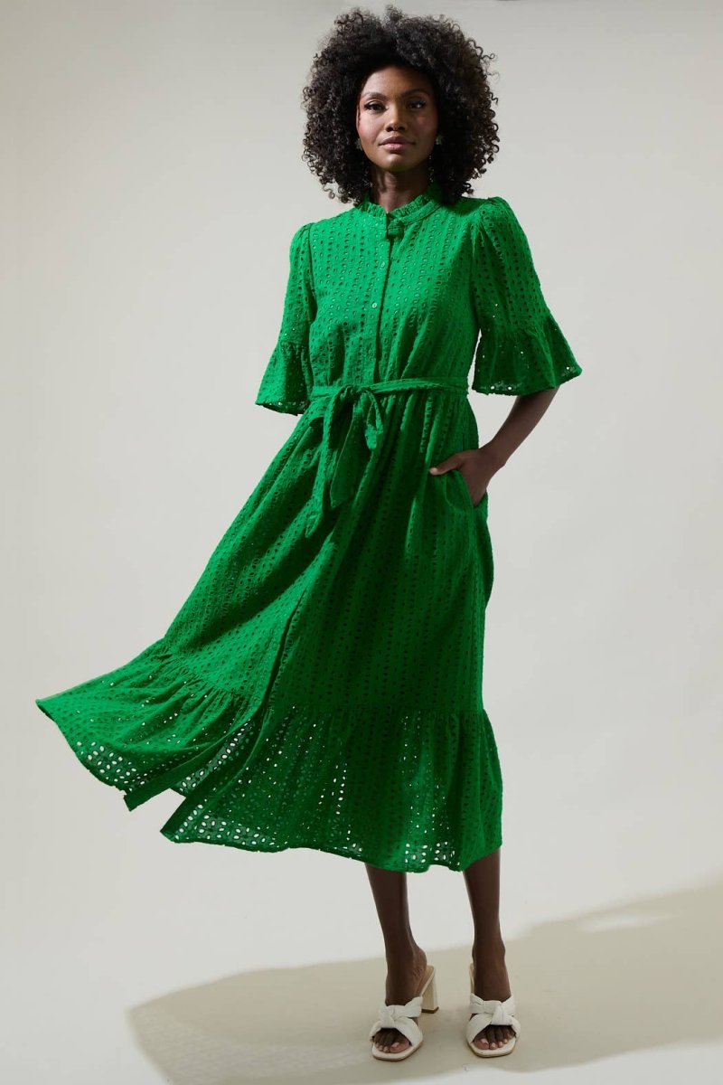 Eyelet Button Down Midi Dress: Kelly - GreenSugarlipsDRESS