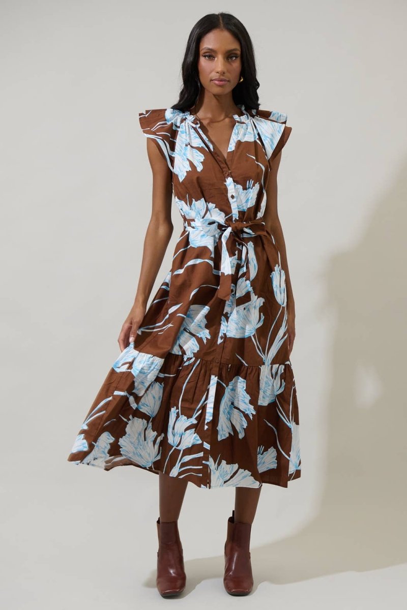 Floral Brown and White Button Midi DressSugarlipsDRESS