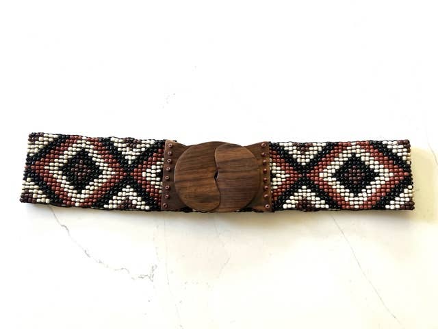 Glass beaded belt wood scroll diamond x cream brownErik & Mike