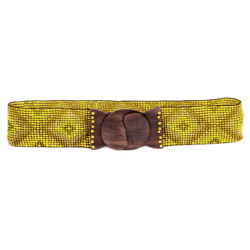 Hand loomed glass bead belt wood scroll diamond x yellowErik & Mike