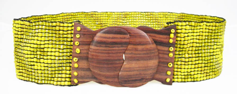 Hand loomed glass bead belt wood scroll diamond x yellowErik & Mike