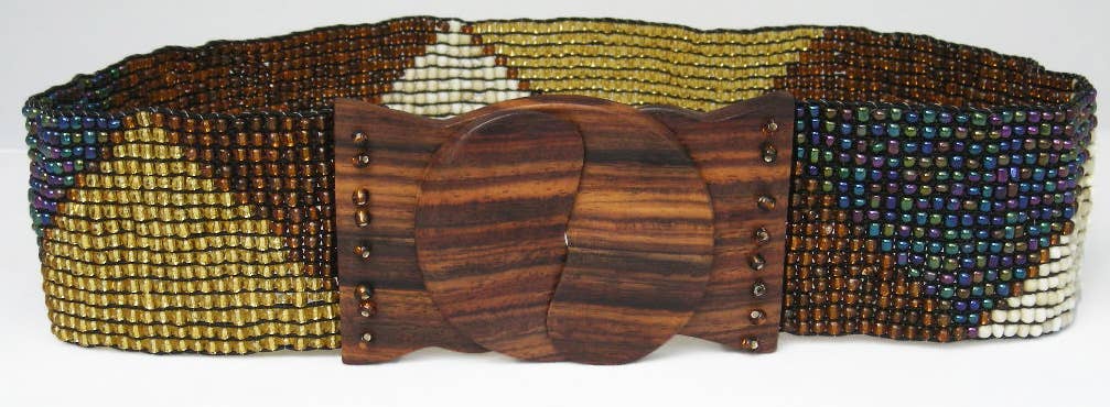 Hand loomed glass bead belt wood scroll triangles in brownErik & Mike