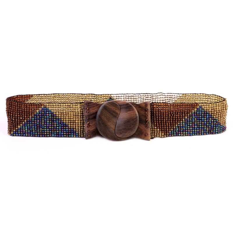 Hand loomed glass bead belt wood scroll triangles in brownErik & Mike