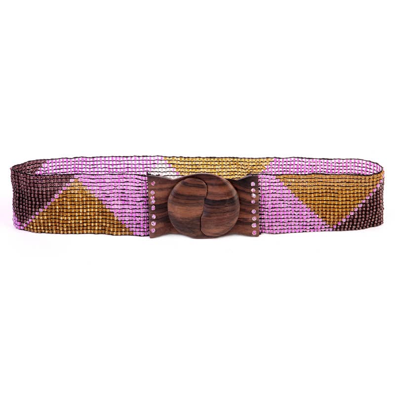 Hand loomed glass bead belt wood scroll triangles in purpleErik & Mike