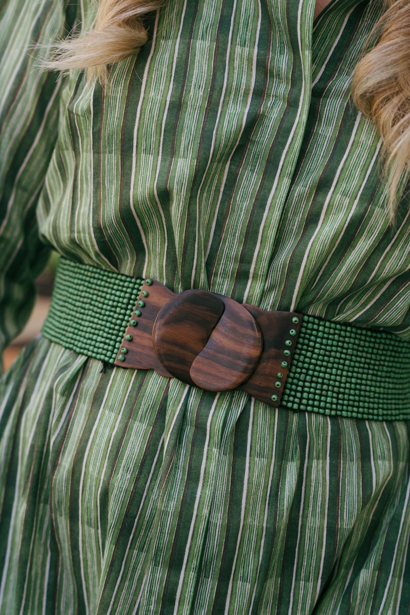 Hand loomed glass beaded belt wood scroll in antiqued greenErik & Mike