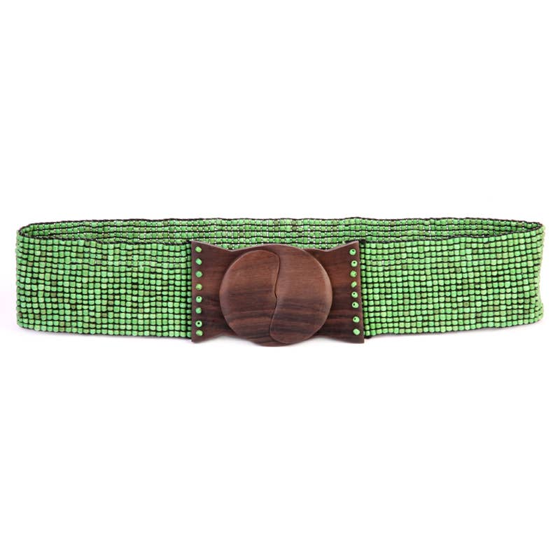 Hand loomed glass beaded belt wood scroll in antiqued greenErik & Mike