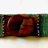 Hand loomed glass beaded belt wood scroll in antiqued greenErik & Mike