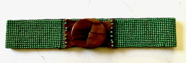 Hand loomed glass beaded belt wood scroll in antiqued greenErik & Mike