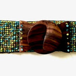 Hand loomed glass beaded belt wood scroll in lime turq mixErik & Mike