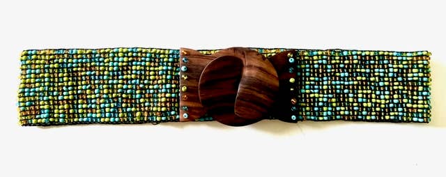 Hand loomed glass beaded belt wood scroll in lime turq mixErik & Mike