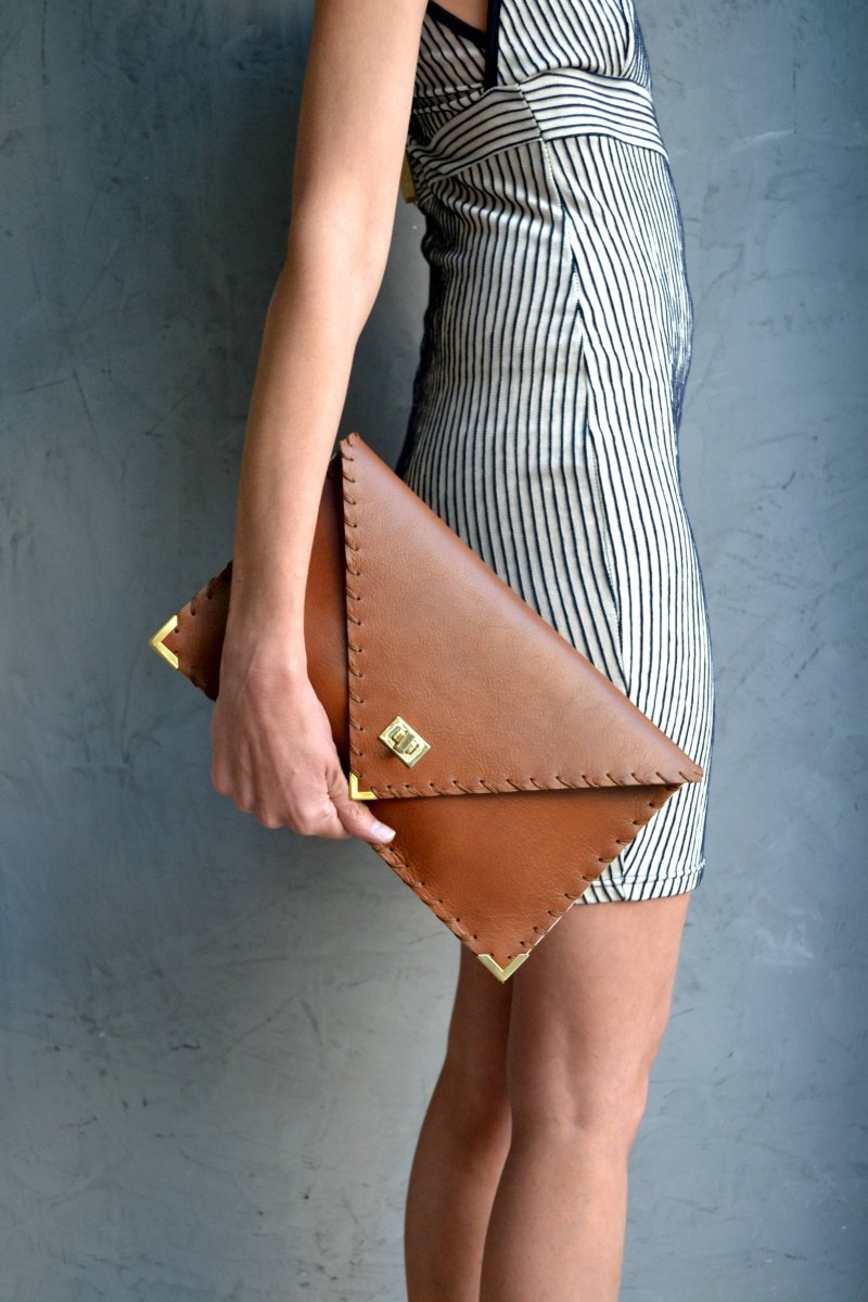 Large leather clutch in tabac brown: Large with Gold HardwareANA KOUTSIBAGS