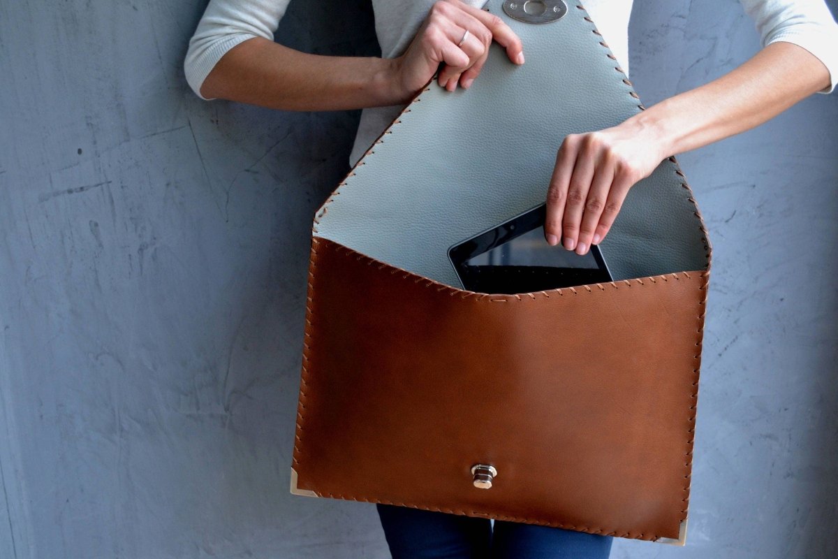 Large leather clutch in tabac brown: Large with Gold HardwareANA KOUTSIBAGS