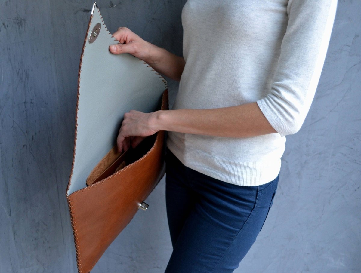 Large leather clutch in tabac brown: Large with Gold HardwareANA KOUTSIBAGS