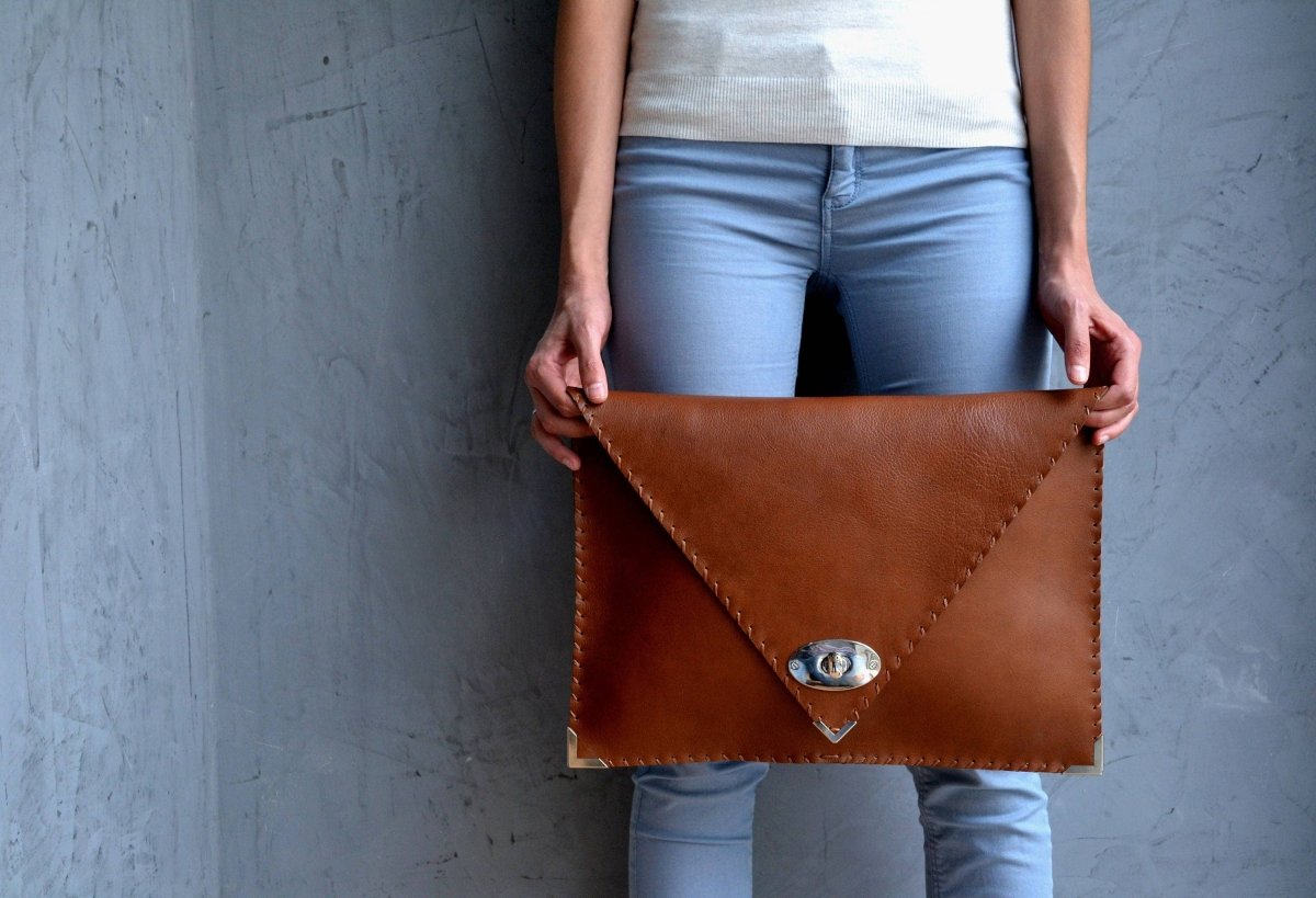 Large leather clutch in tabac brown: Large with Gold HardwareANA KOUTSIBAGS