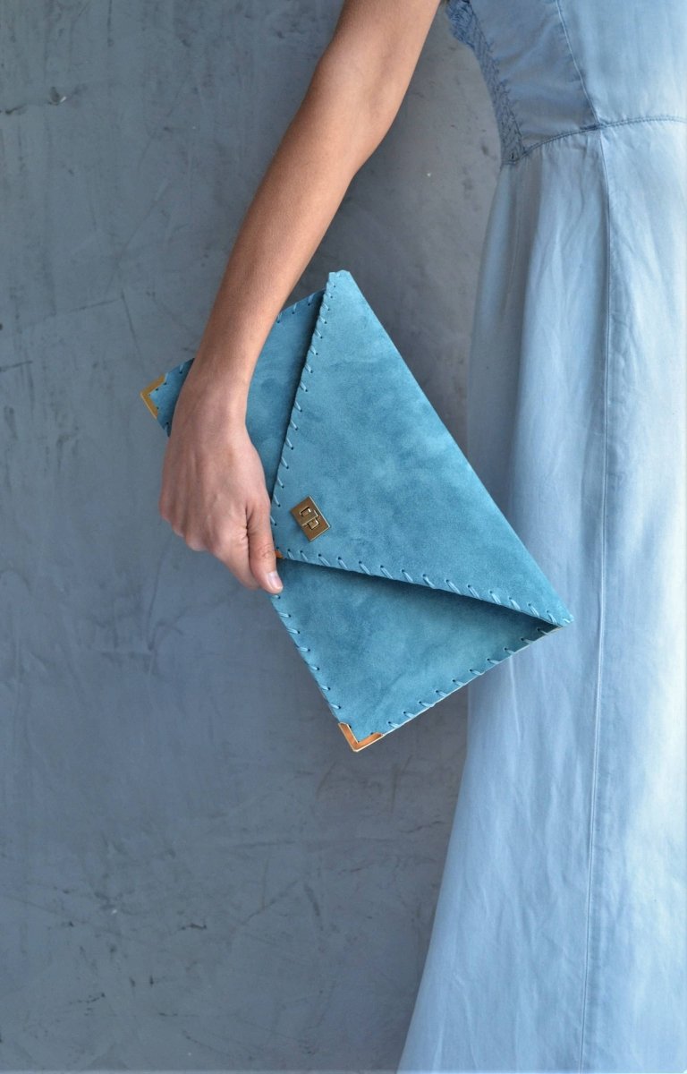 Large soft suede clutch in teal blue: Large with gold hardwareANA KOUTSIACCESS