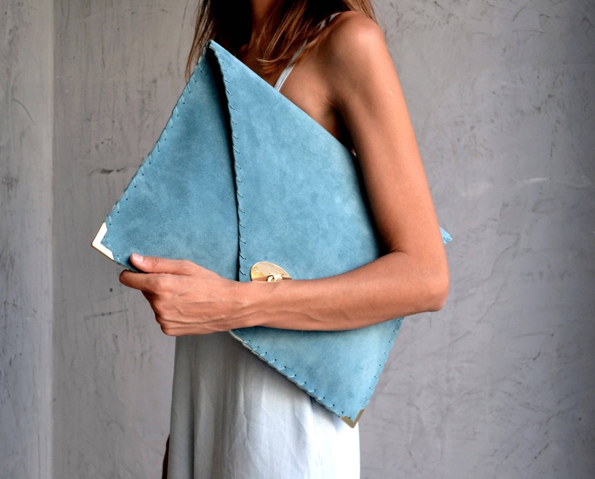 Large soft suede clutch in teal blue: Large with gold hardwareANA KOUTSIACCESS