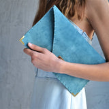 Large soft suede clutch in teal blue: Large with gold hardwareANA KOUTSIACCESS