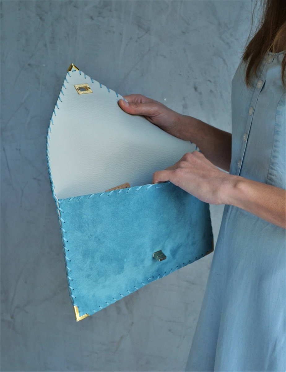 Large soft suede clutch in teal blue: Large with gold hardwareANA KOUTSIACCESS