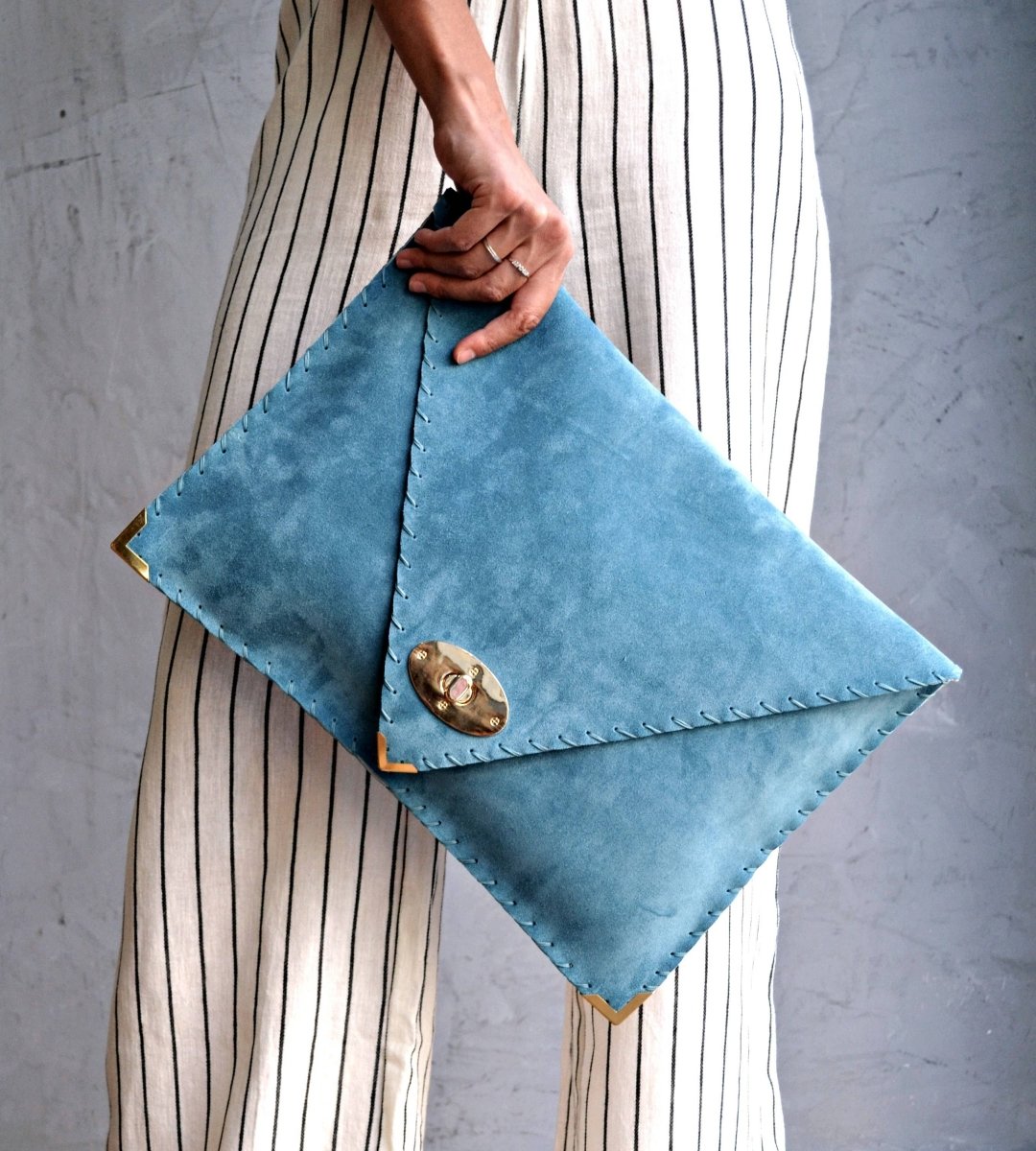 Large soft suede clutch in teal blue: Large with gold hardwareANA KOUTSIACCESS