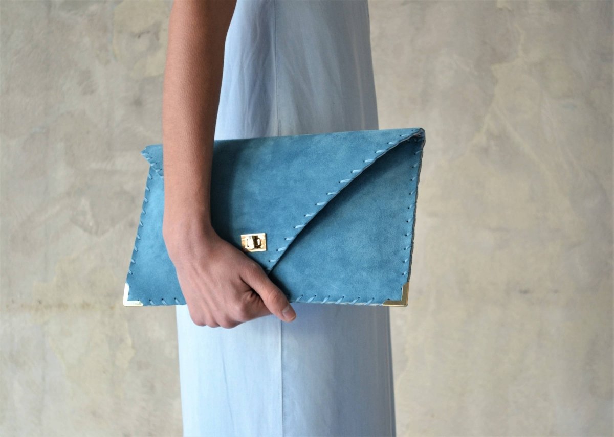 Large soft suede clutch in teal blue: Large with gold hardwareANA KOUTSIACCESS