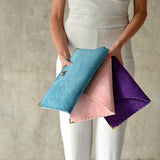 Large soft suede clutch in teal blue: Large with gold hardwareANA KOUTSIACCESS