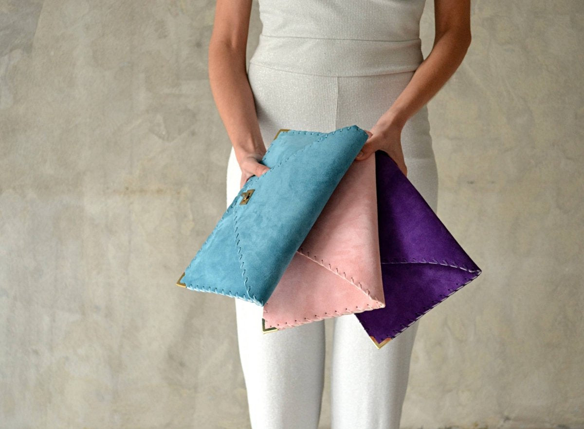 Large soft suede clutch in teal blue: Large with gold hardwareANA KOUTSIACCESS