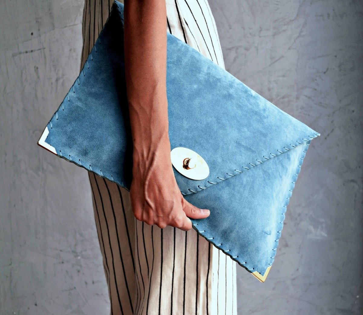 Large soft suede clutch in teal blue: Large with gold hardwareANA KOUTSIACCESS