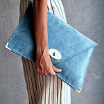 Large soft suede clutch in teal blue: Large with gold hardwareANA KOUTSIACCESS